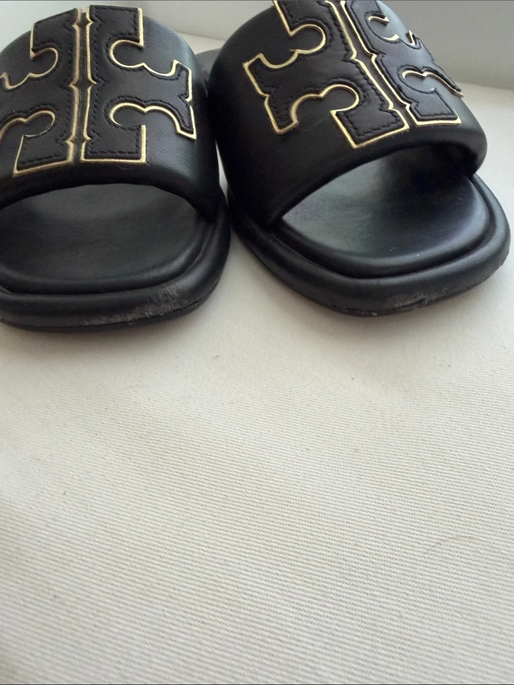Tory Burch Black Leather Slide Sandals with Gold-Trim Logo
